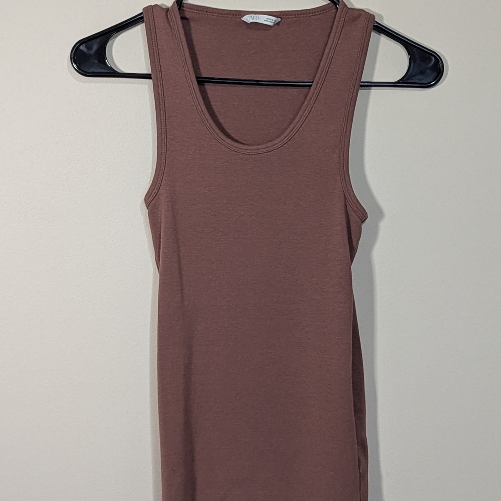 Zara Fitted Tank Top Womens Small Brown Sleeveless Basic Stretch Ribbed